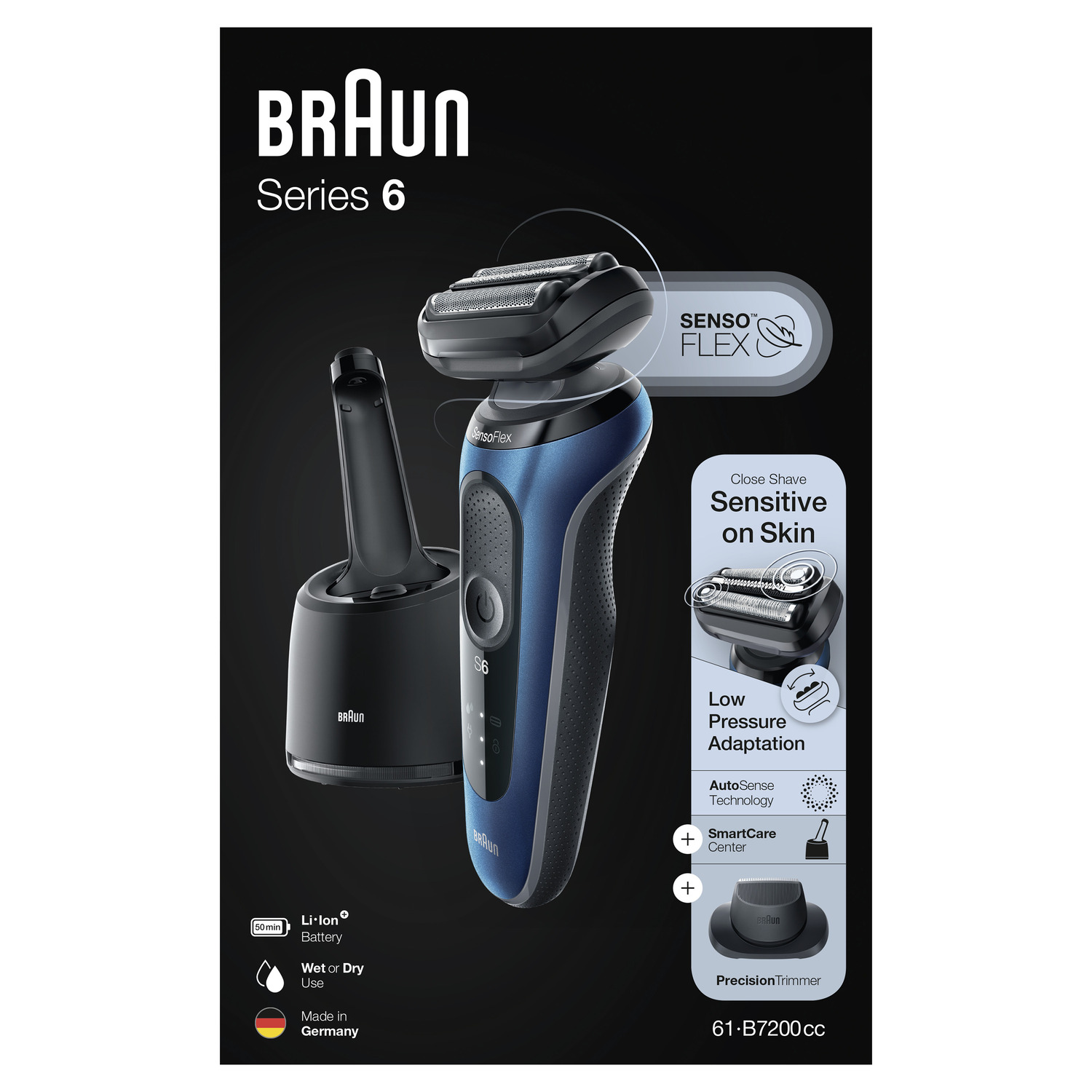 Braun Series 6 electric shaver. Black base and blue and black shaver.