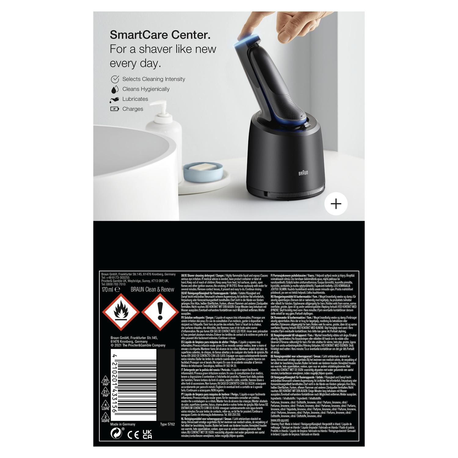 A man shaves with a blue and black shaver. Diagrams show shaver features and attachments.
