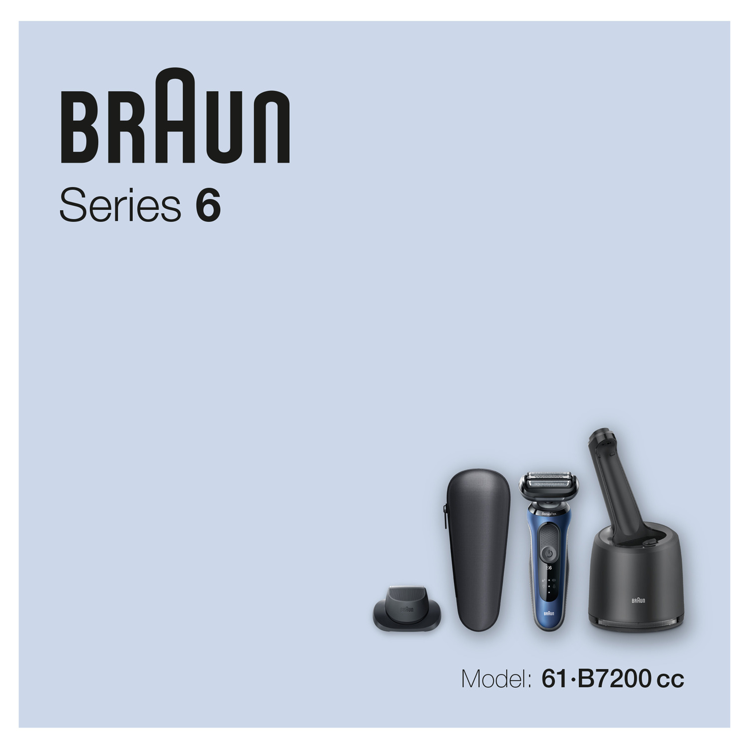 Braun Series 6 electric shaver set with a black travel case and charging stand.
