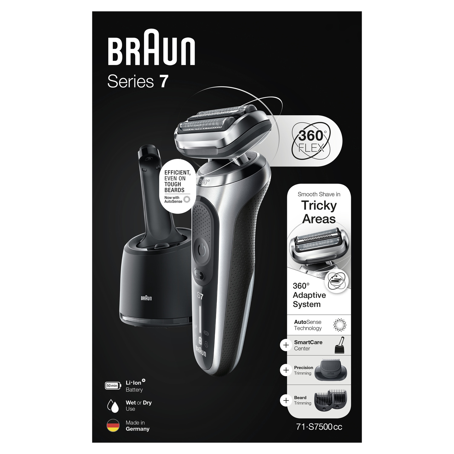 Braun Series 7 elektrisch scheerapparaat. Zilver-zwart scheerapparaat met zwarte basis.