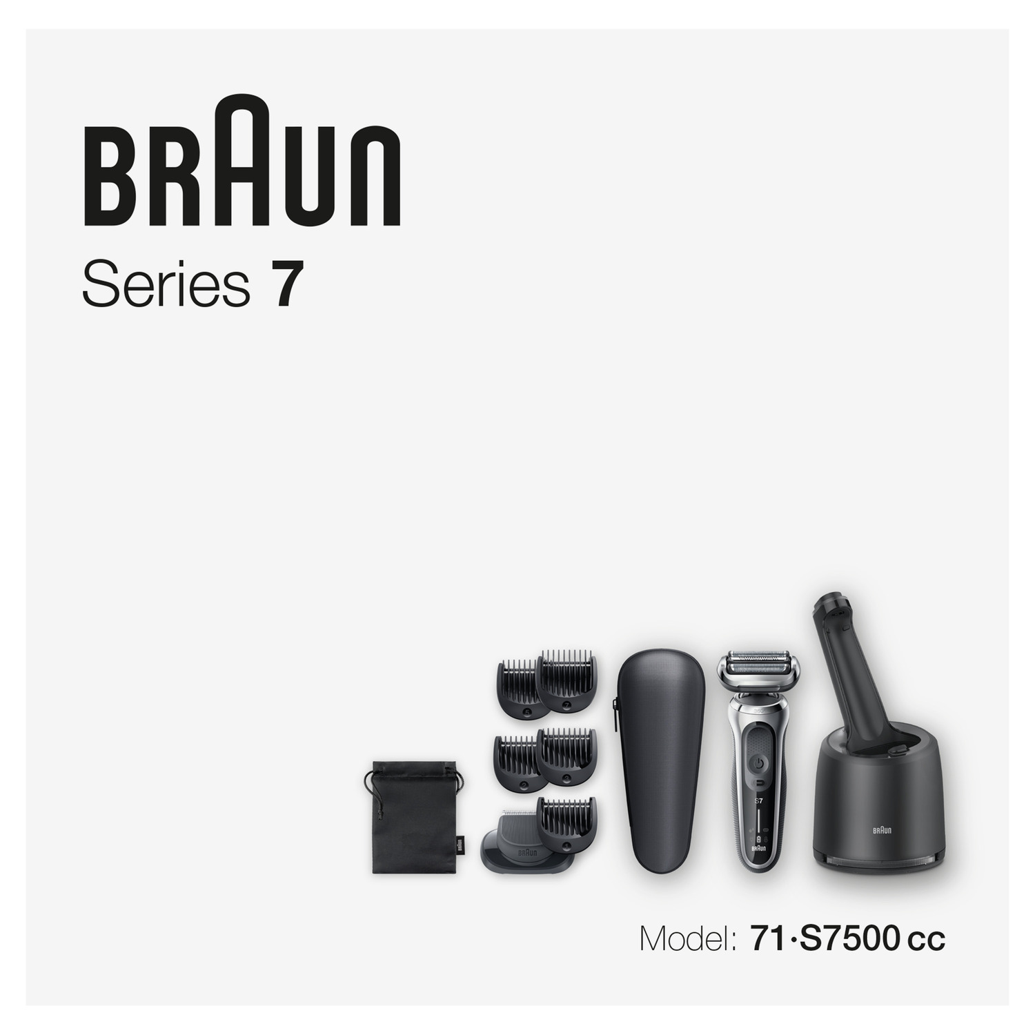 Braun Series 7 elektrische scheerset met accessoires, zwarte reisetui en oplaadstandaard.