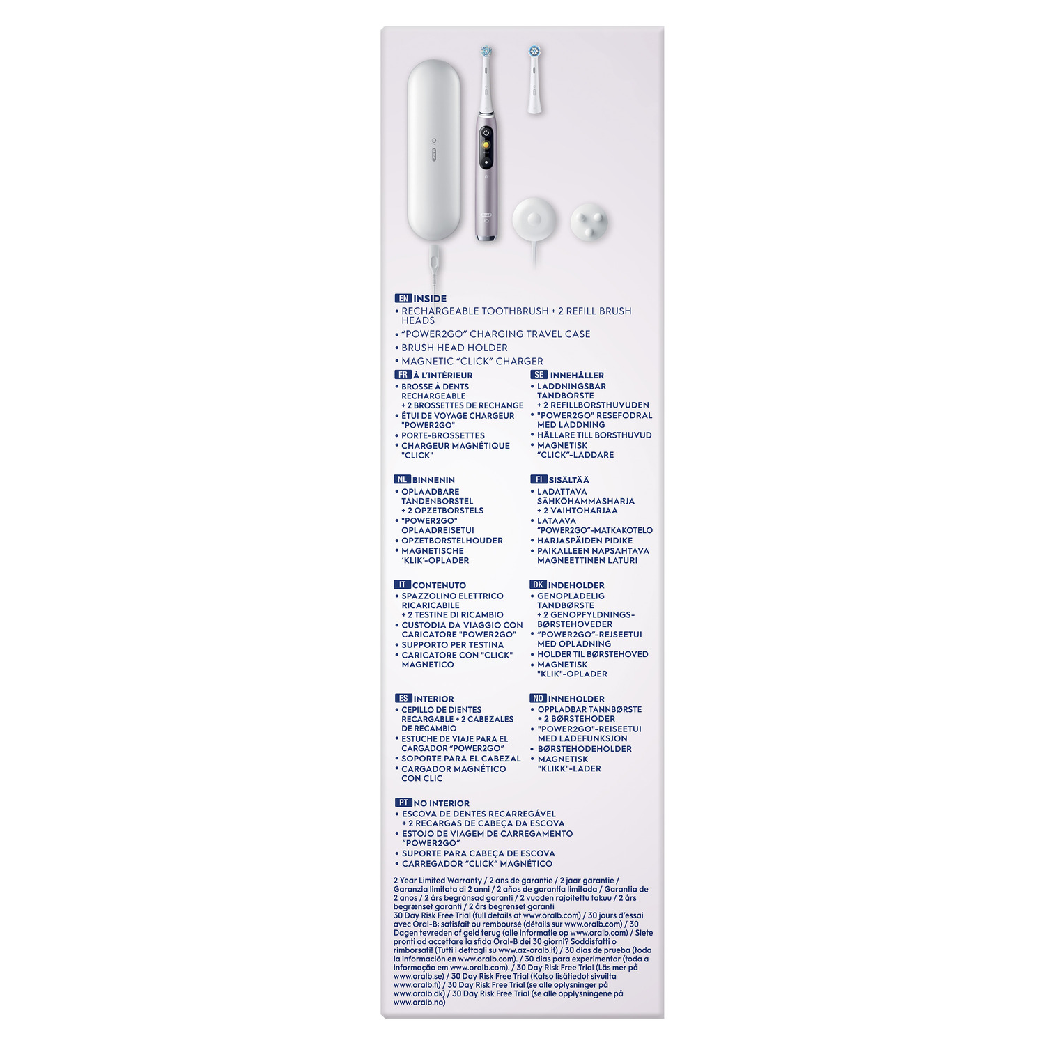Une brosse à dents rechargeable avec accessoires et informations détaillées en plusieurs langues.