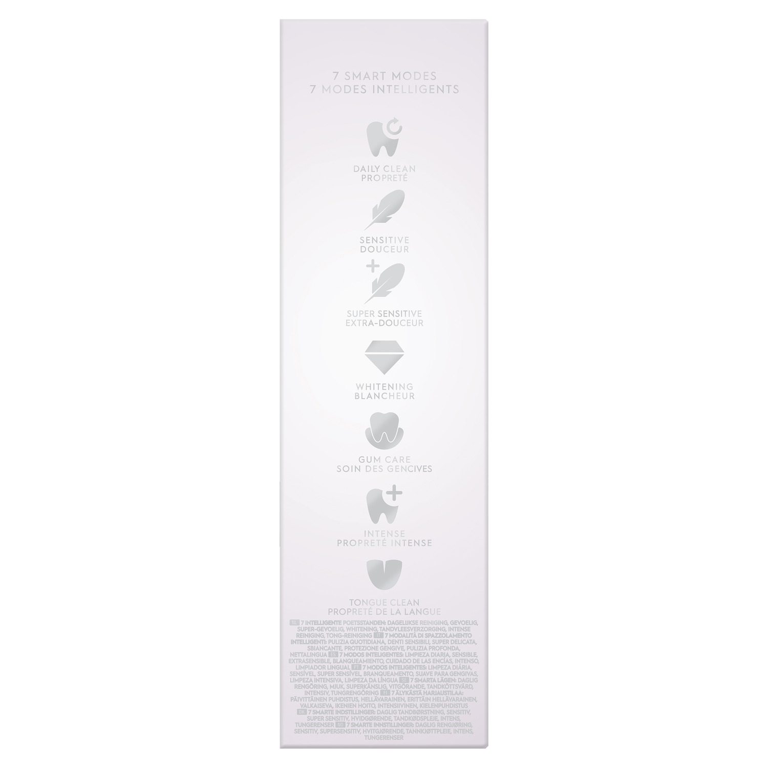 Fond blanc avec des icônes et du texte illustrant les 7 modes intelligents d'une brosse à dents.