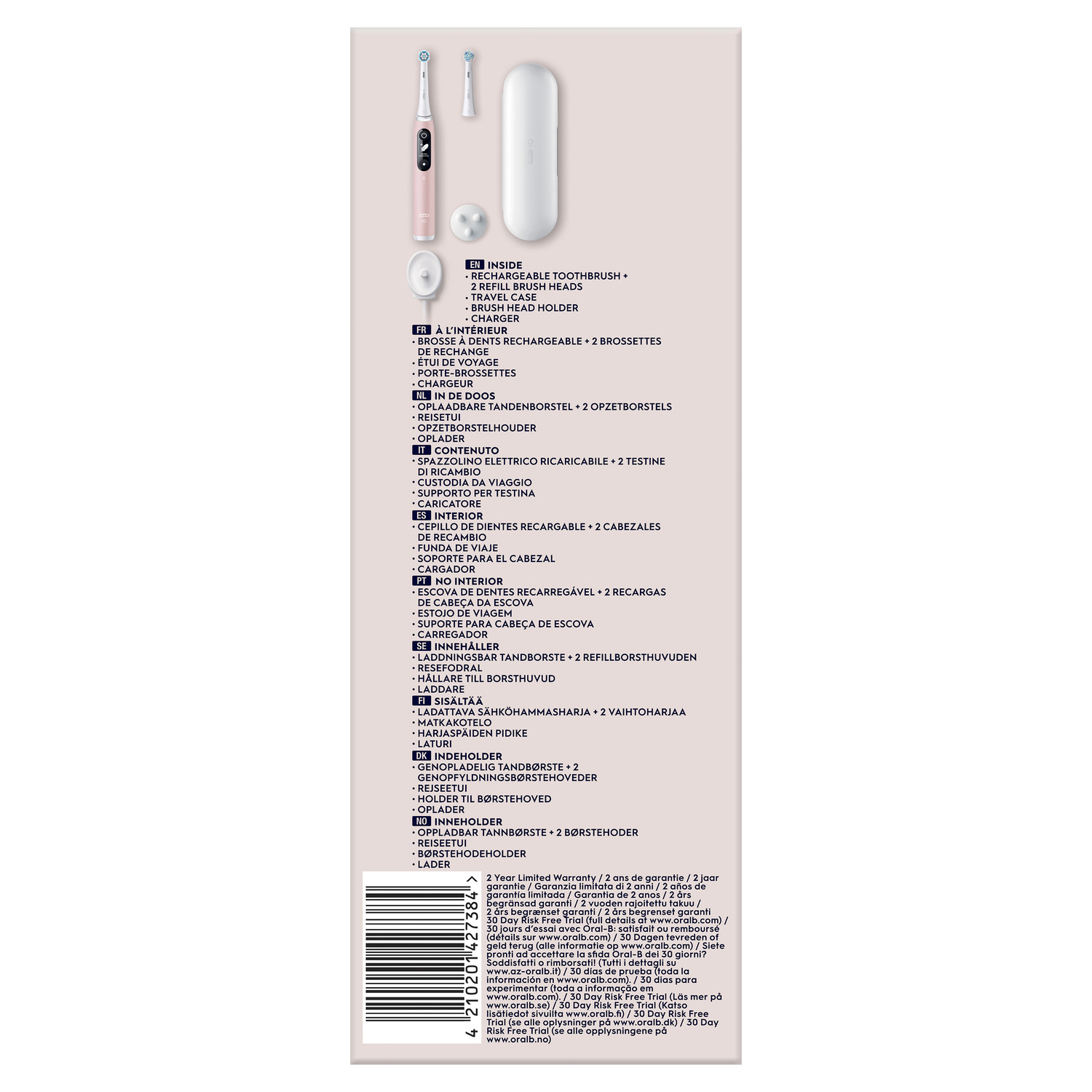 Dos d'une boîte de rasoir Braun, avec les détails du produit en plusieurs langues et un code-barres.