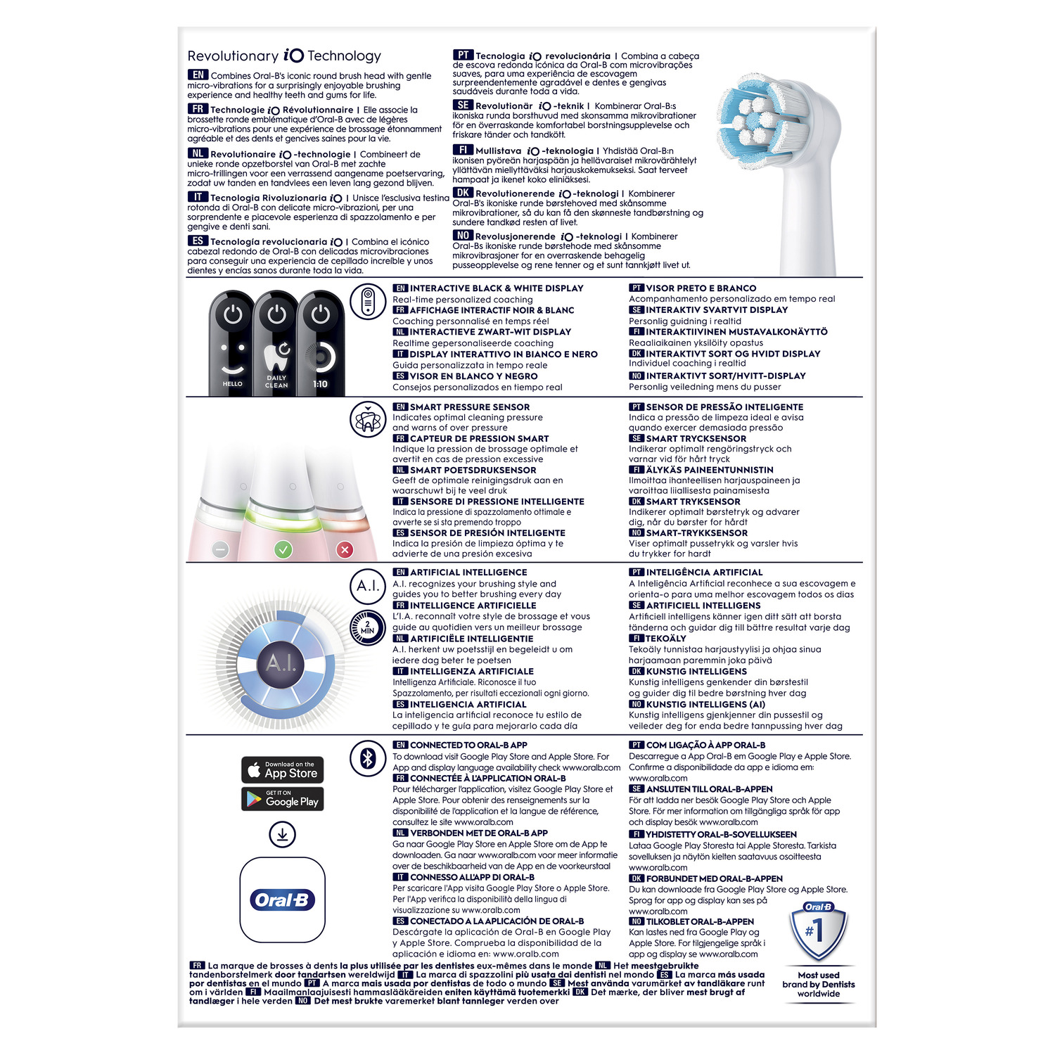 Emballage du produit Oral-B avec texte et graphiques.
