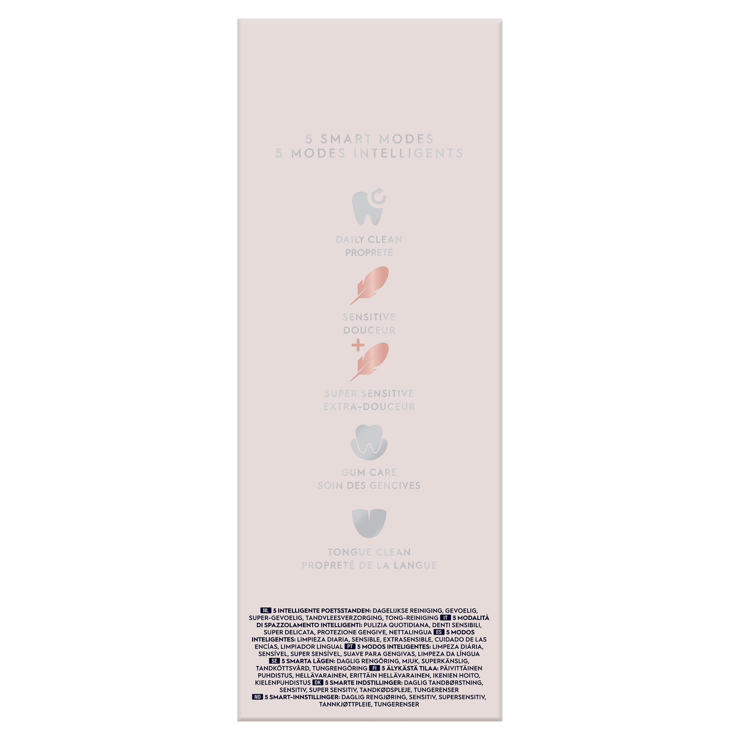 Boîte blanche et rose avec icônes de brosse à dents, texte multilingue.