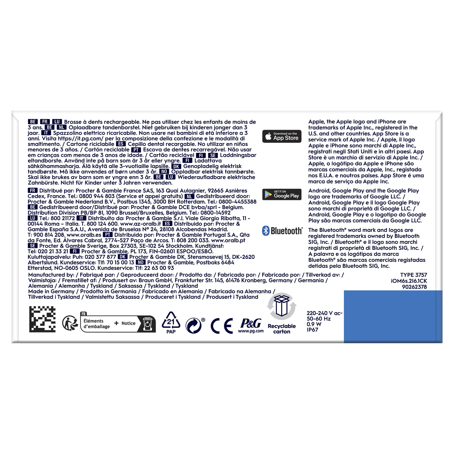 Un emballage de produit blanc et violet avec du texte en plusieurs langues et le logo de la marque.