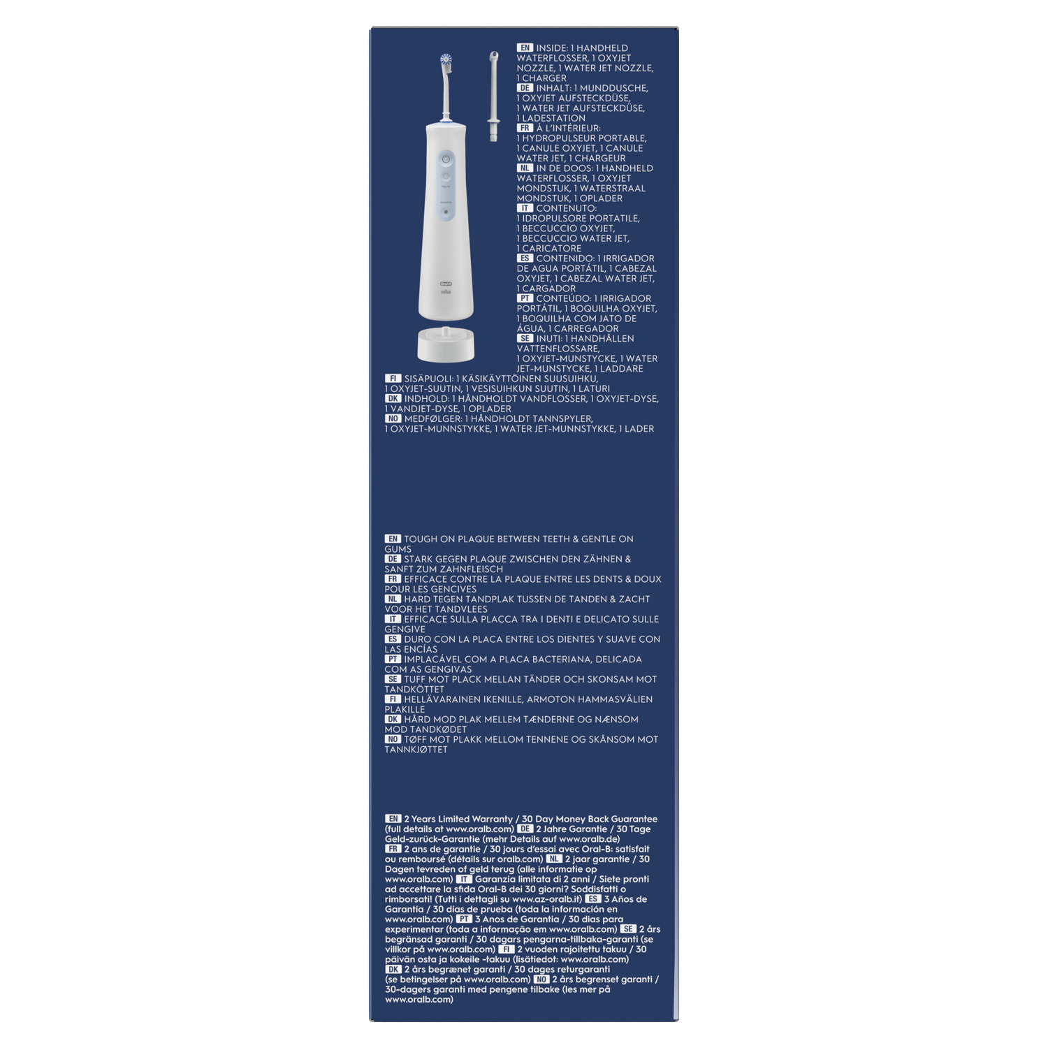 Box with a portable water flosser and text in multiple languages about the product.