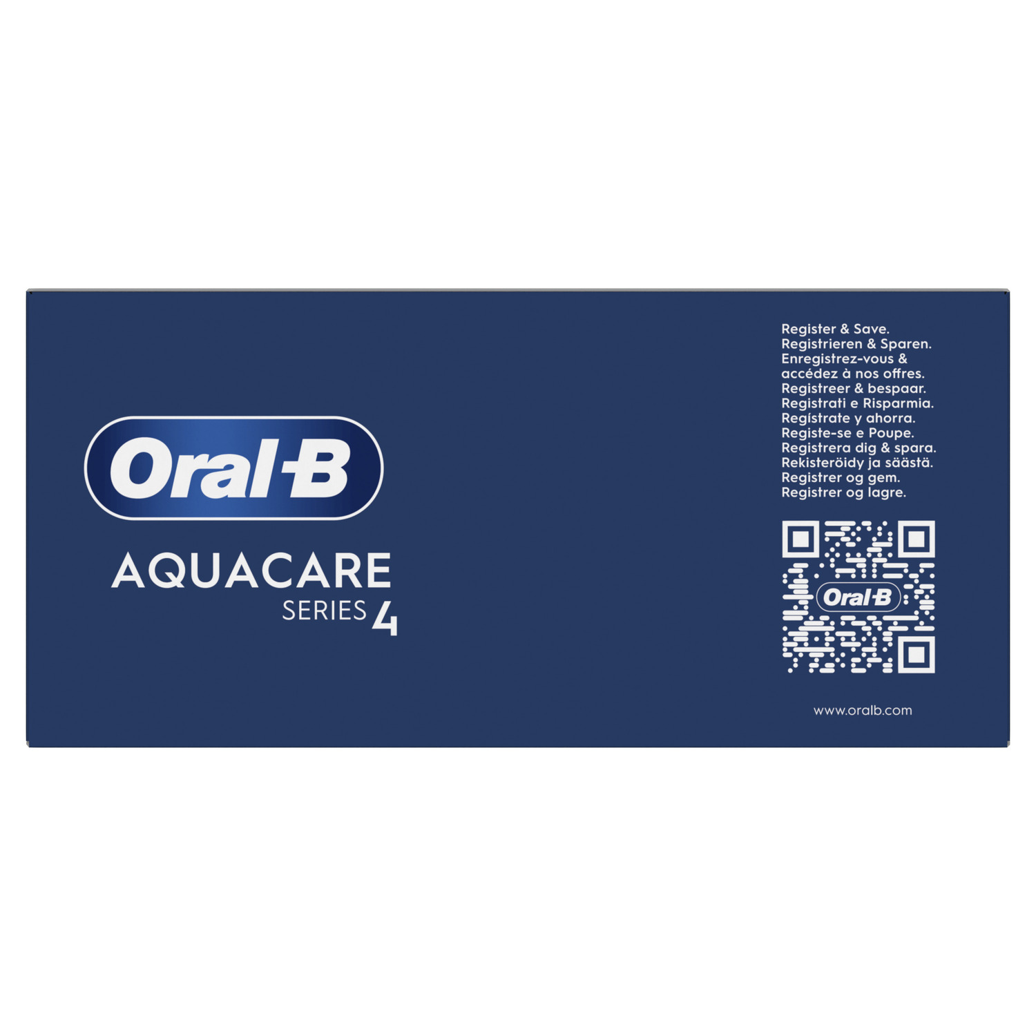 Blue box, Oral-B Aquacare Series 4, logo, QR code, registration info.