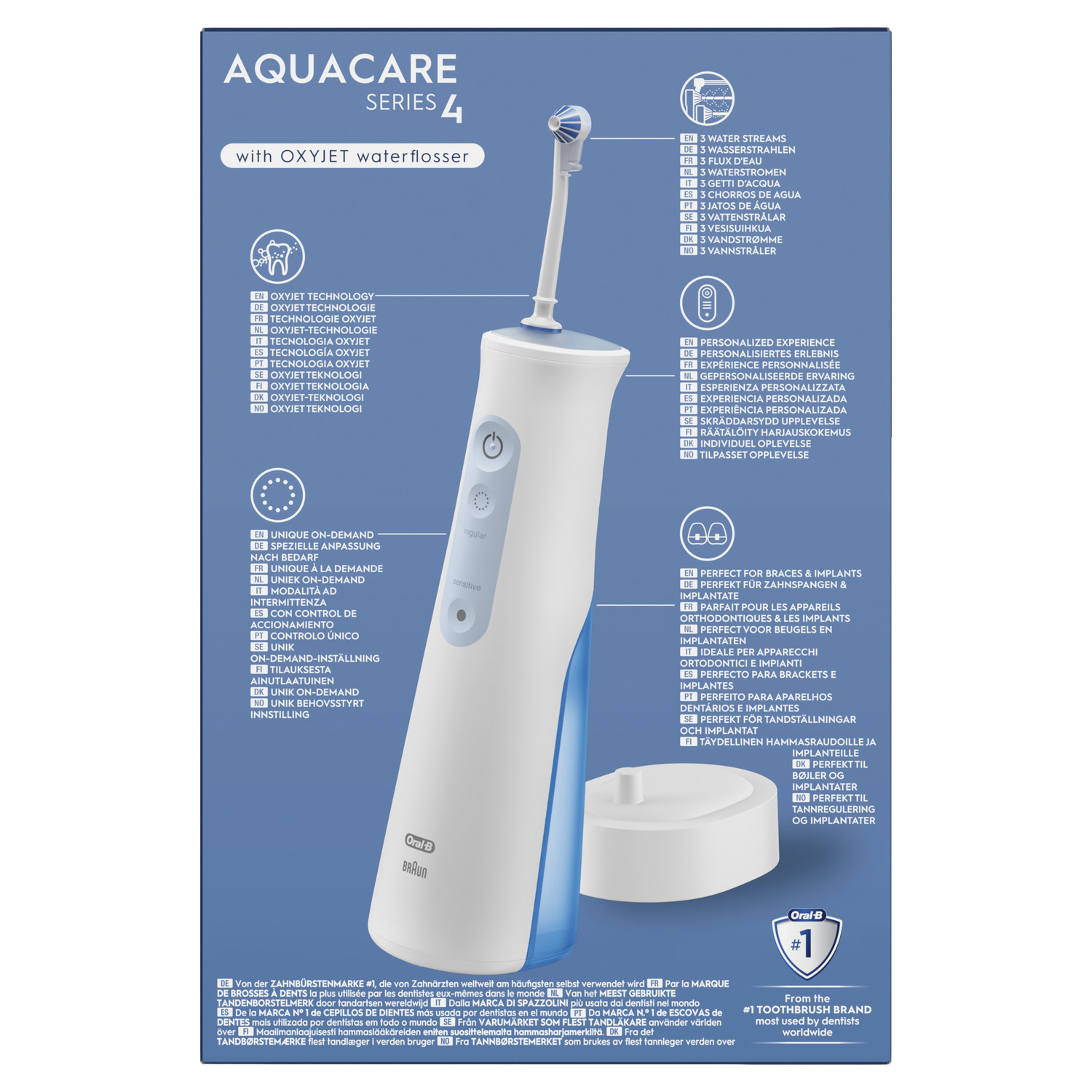 Braun Aquacare Series 4 water flosser. White and blue device and base.