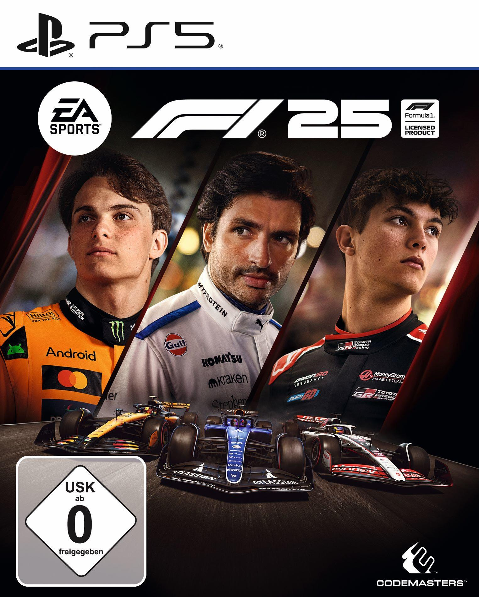 F1 25 PS5 Cover: Drei Rennfahrer und Formel-1-Autos. USK ab 0.