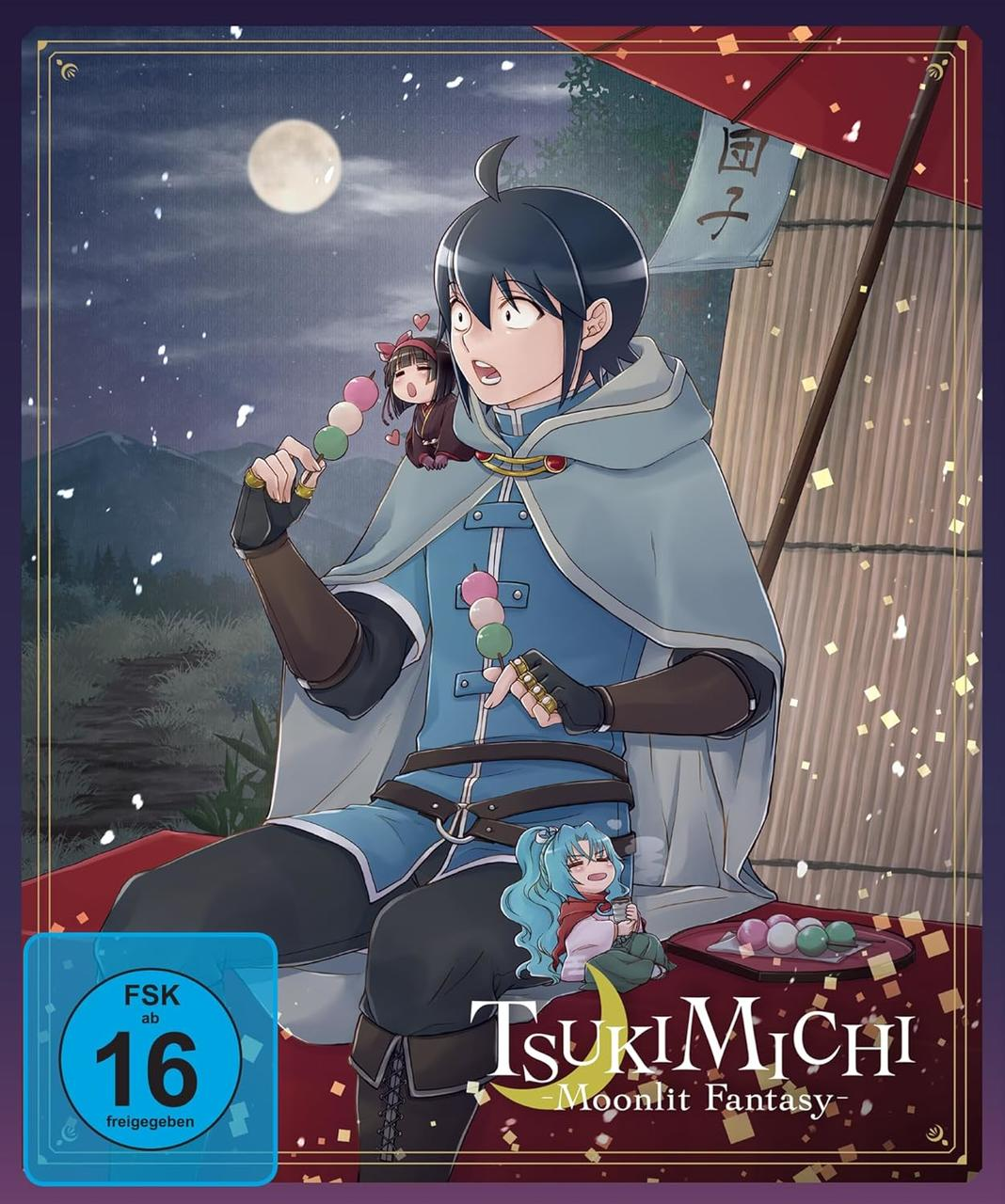 Anime-DVD-Cover. Ein Mann mit zwei kleinen Figuren auf seinen Schultern. Text: Tsukimichi, Moonlit Fantasy.