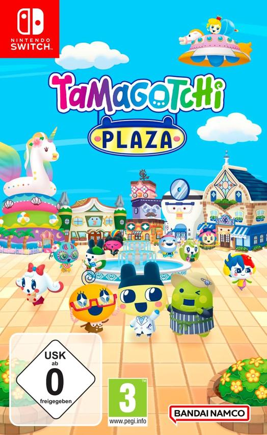 Tamagotchi-Spielcover: mehrere Tamagotchi-Charaktere auf einem Platz. Titel: Tamagotchi Plaza.