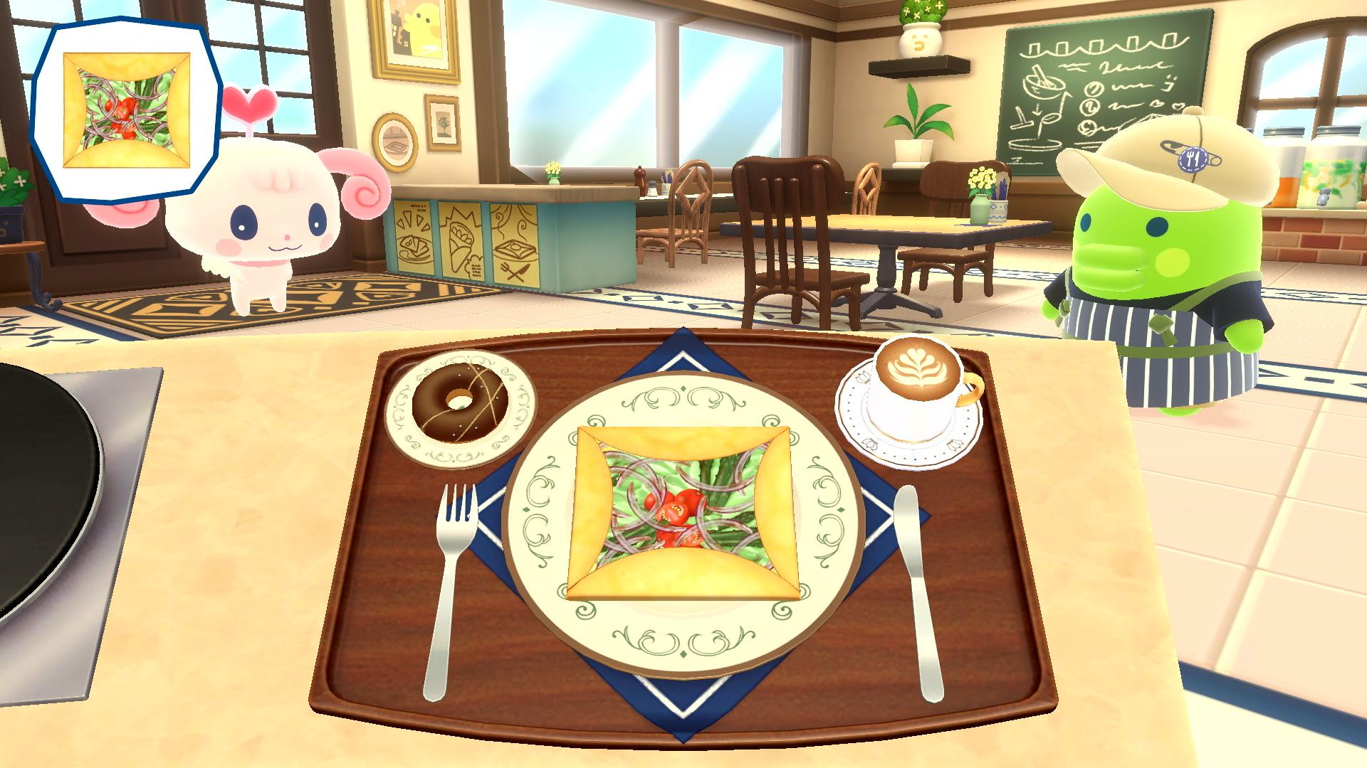 Eine Cartoon-Café-Szene mit Essen auf einem Tisch, zwei Figuren schauen, eine im Hintergrund.