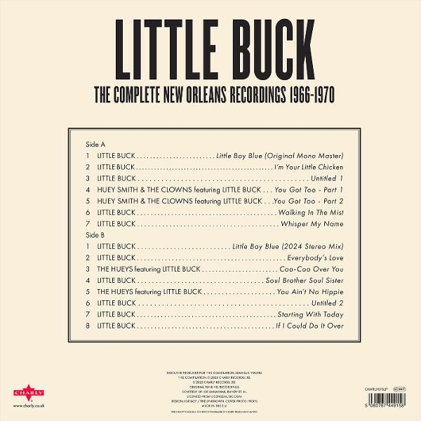 Ein Vinyl-Schallplattenalbum mit der Titelliste von "Little Buck: The Complete New Orleans Recordings".
