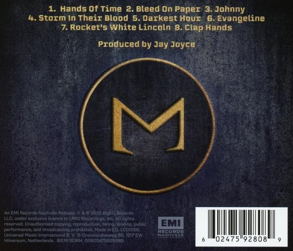 CD-Rückseite. Schwarzer Hintergrund, goldenes Logo mit Titelliste und Produktionscredits. EMI Records Logo.