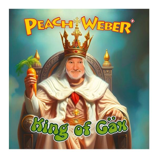 Ein Mann mit Krone, der eine Karotte hält. Text lautet 'Peach Weber' und 'King of Gax'.