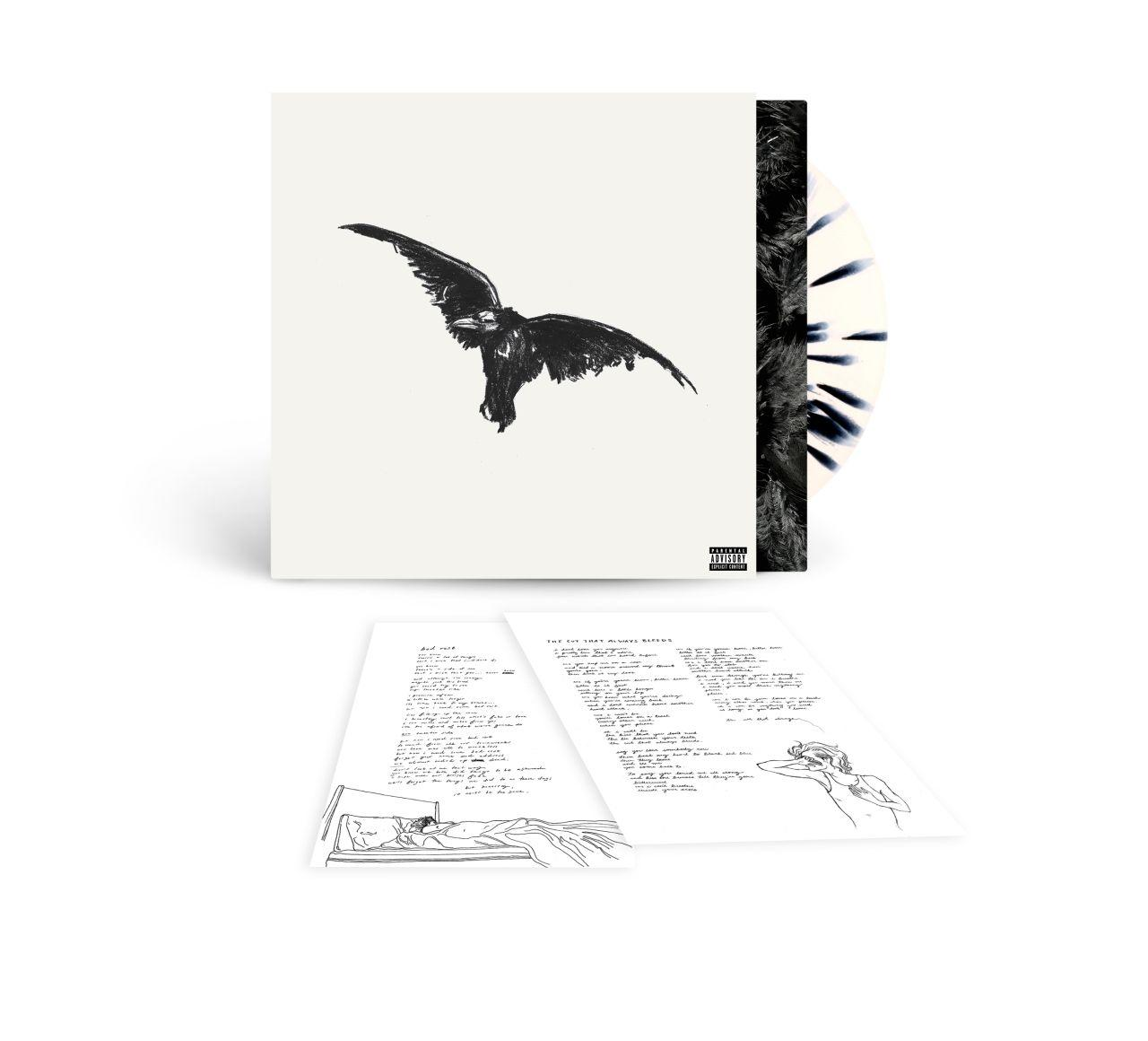 Albumcover mit einem schwarzen Vogeldesign. Das Album enthält Texte und Illustrationen.