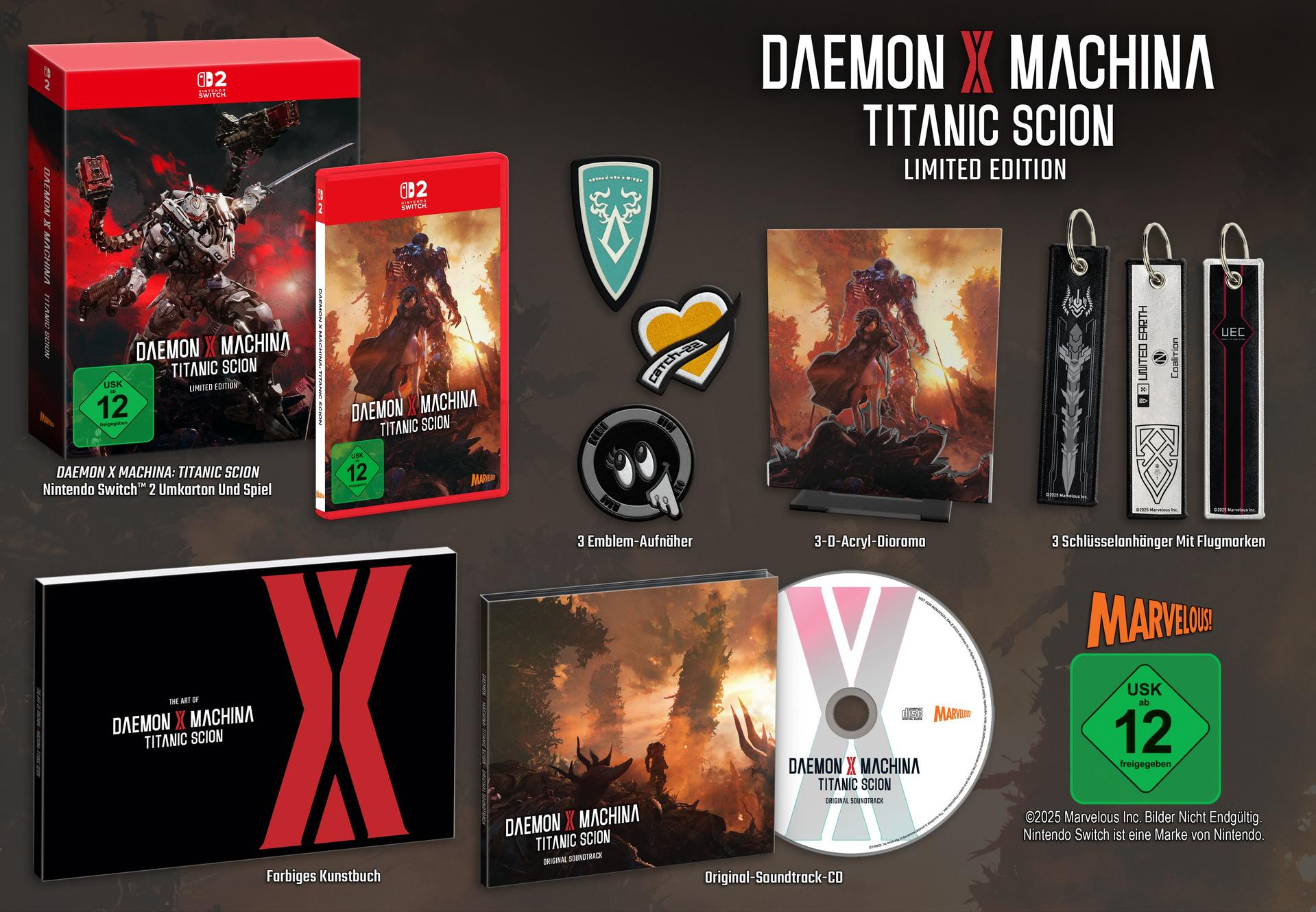 Spielbox-Set: Daemon X Machina, Titanic Scion, verschiedene Spielkomponenten, mit Logos und Kunst.