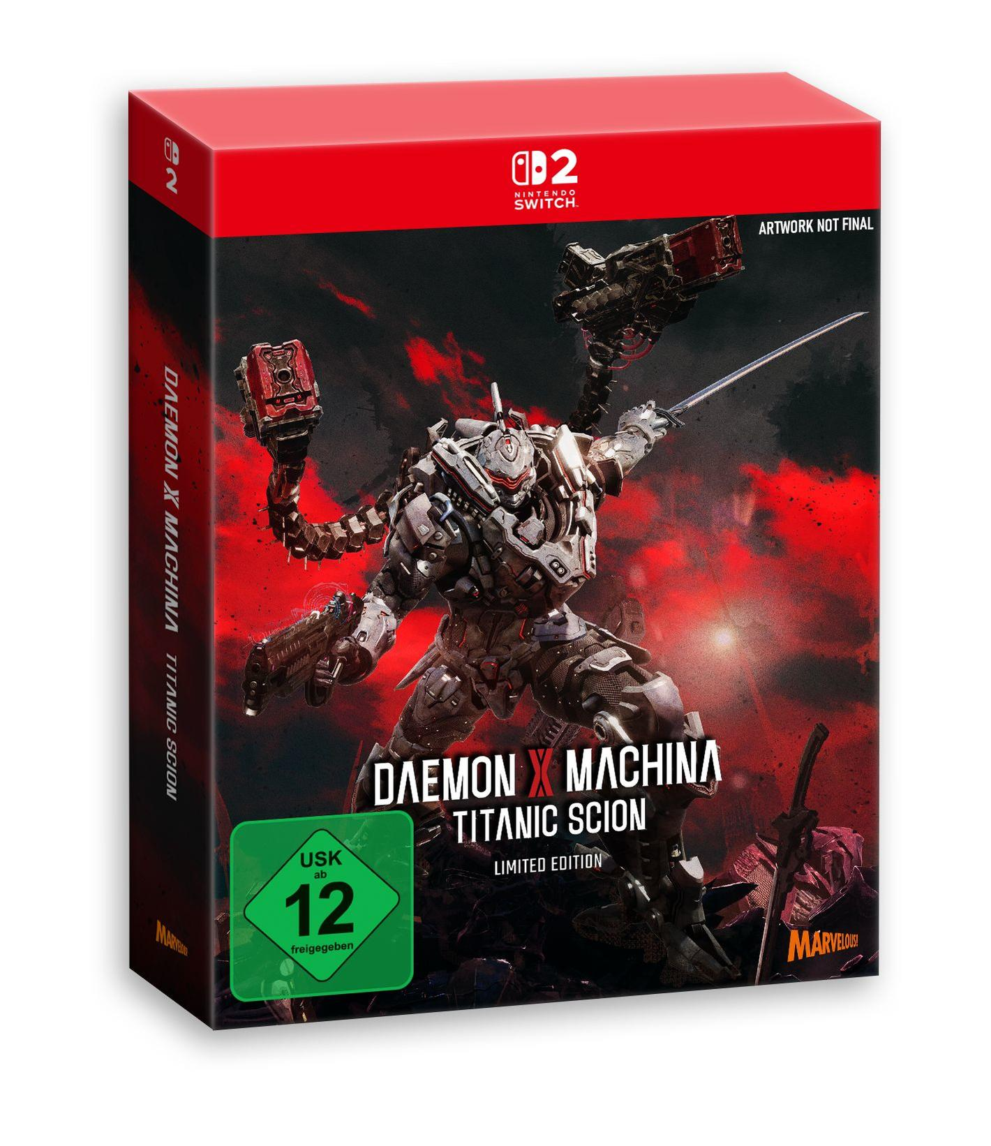 Spiel-Box-Art: Ein Roboter hält ein Schwert, Text: DAEMON X MACHINA, TITANIC SCION.