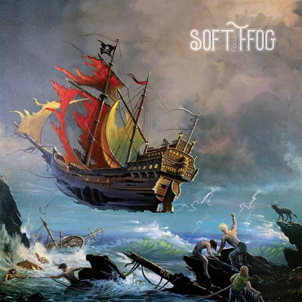 Fantasiebild eines Piratenschiffs in stürmischer See, mit Figuren im Wasser und an Land.