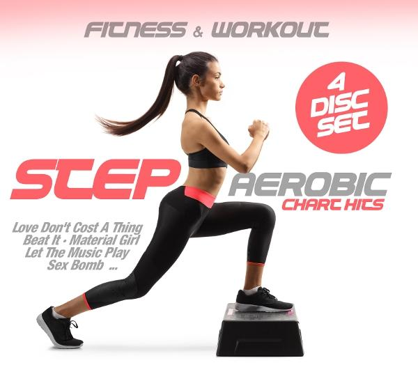 Frau beim Step-Aerobic auf einem Step, Text 'Fitness & Workout'.