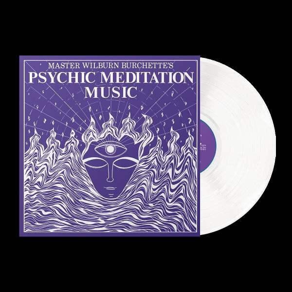 Ein lila Albumcover mit einer Illustration und Text für 'Psychic Meditation Music' und eine weiße Schallplatte.