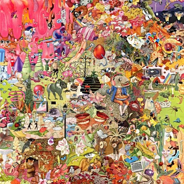 Buntes Collage mit vielen Bildern und Figuren, die verschiedene Formen, Farben und Elemente mischen.