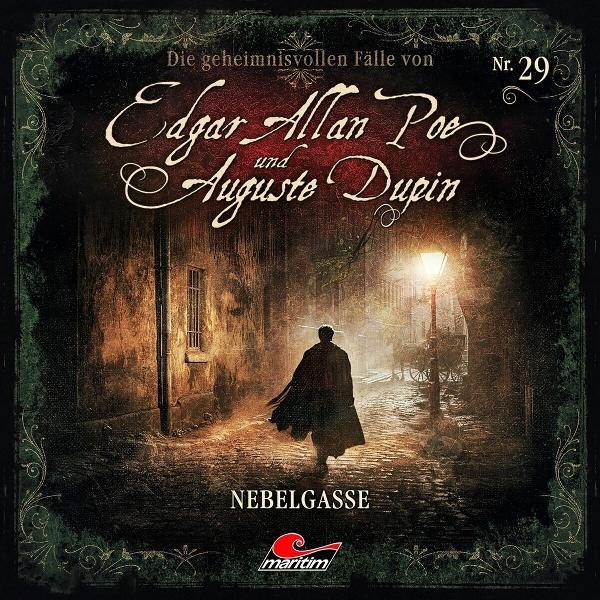 Buchcover mit dem Titel „Edgar Allan Poe und Auguste Dupin“. Figur geht in einer Straße mit einer Straßenlaterne.