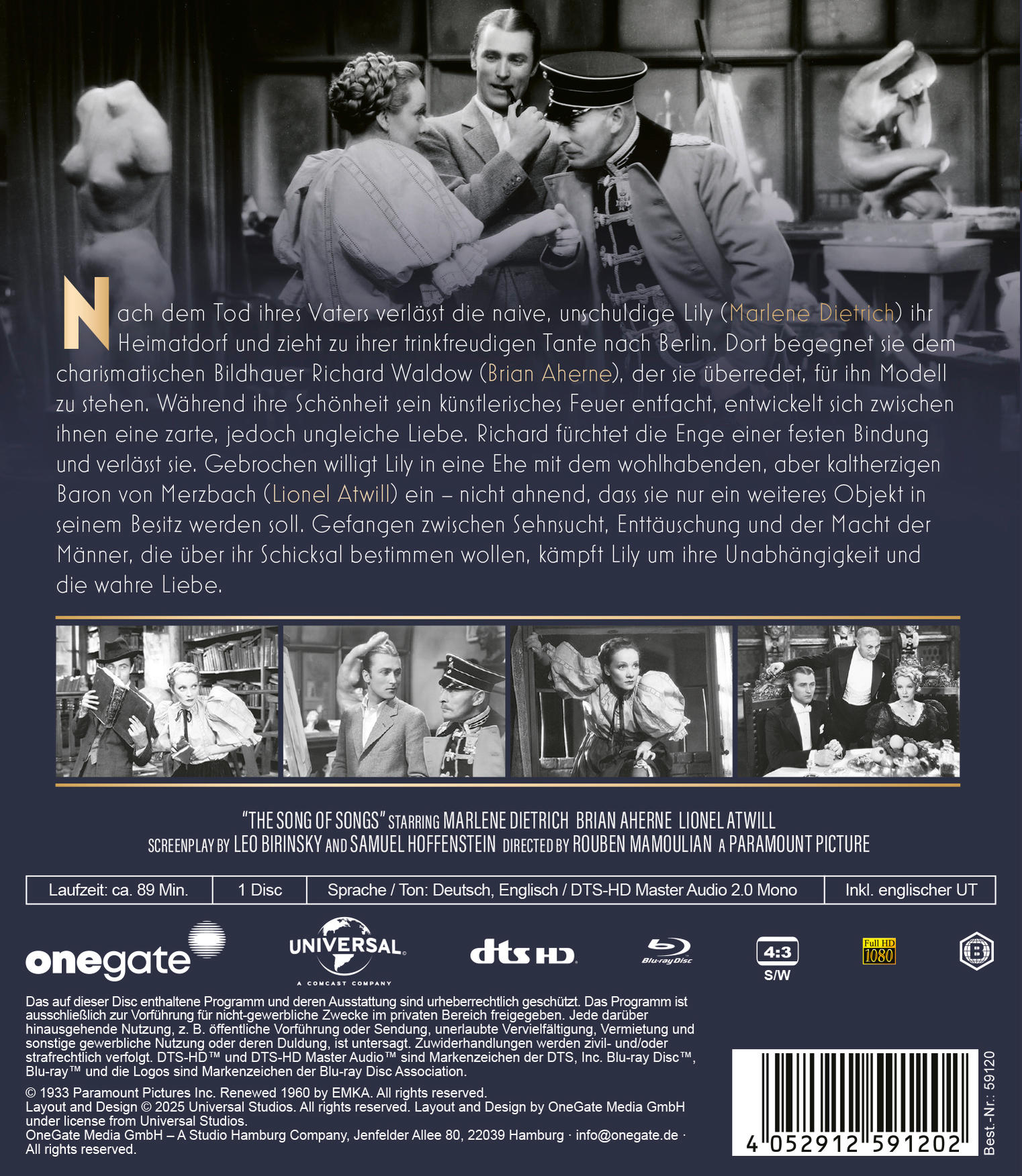 Die Rückseite eines Filmcovers mit Text und einigen Personen.
