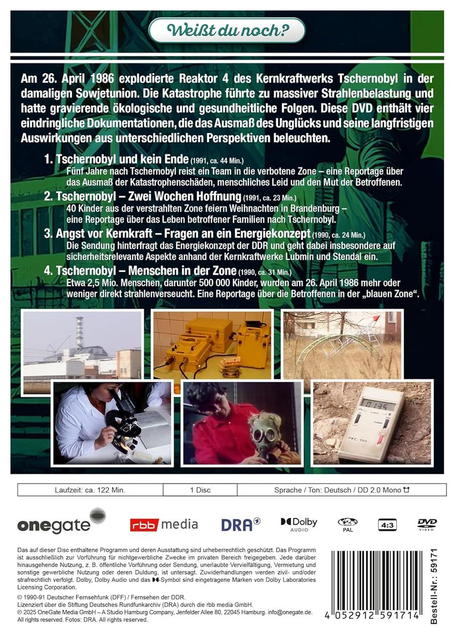 DVD-Cover über die Tschernobyl-Katastrophe mit Text und Bildern zum Ereignis.