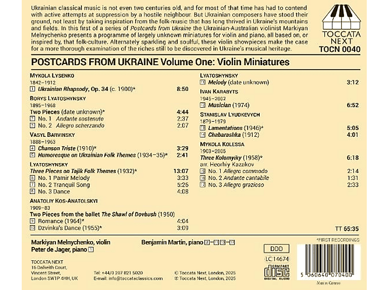 Thumbnail - Peter De Jager (piano) Markiyan Melnychenko (violine) - Benjamin Martin Postcards from Ukaine/Violin M (CD)