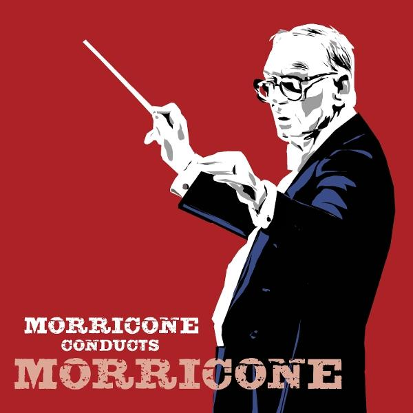 Eine Illustration eines Mannes im Anzug, der ein Orchester vor rotem Hintergrund dirigiert. Der Text lautet 'Morricone'.