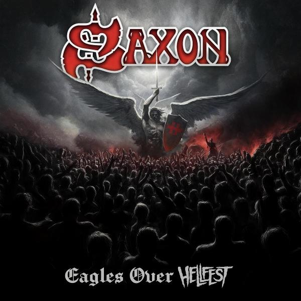 Albumcover: Bandname 'SAXON' über einem Engel, der ein Schwert über einer Menschenmenge hält.