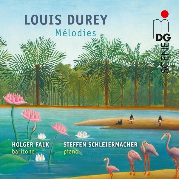 CD-Cover. Text: Louis Durey, Mélodies. Bild: Palmen, Wasser, rosa Blumen, Vögel.