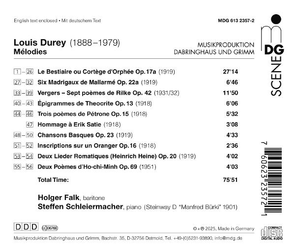 CD-Rückseite, Musikinformationen. Text über Musikstücke, einschließlich Songtitel und -dauer.