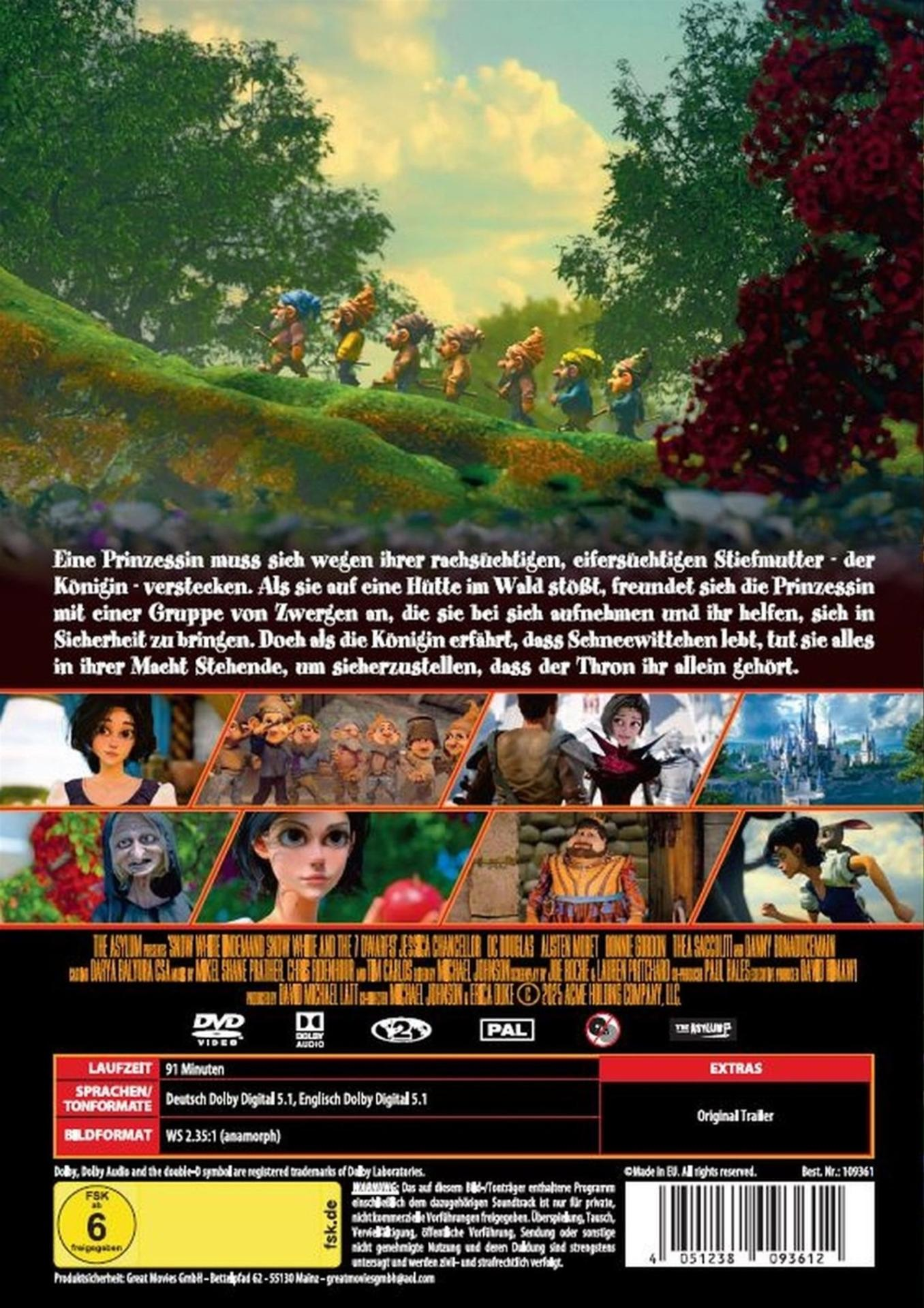 DVD-Rückseite mit Schneewittchen und den 7 Zwergen. Charaktere sind abgebildet, mit Text und Bewertung.