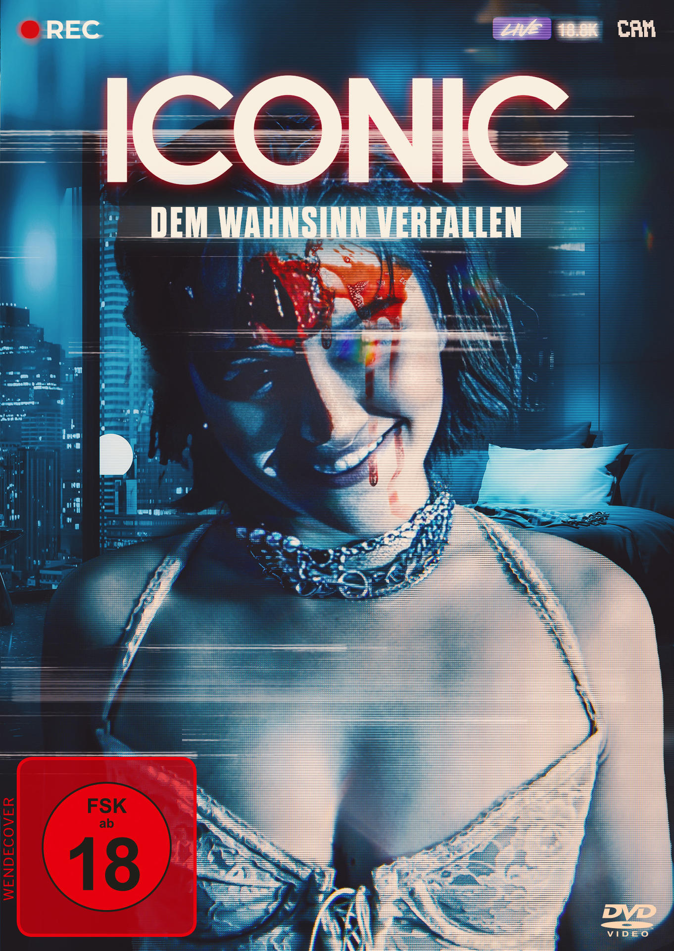 Filmplakat mit dem Gesicht einer Frau, das mit Blut bedeckt ist. Der Text lautet „ICONIC“, mit deutschem Text. Bewertung ist 18.
