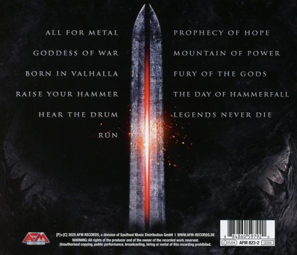 Album-Rückseite. Schwarzer Hintergrund, weißer Text. Albumtitel: ALL FOR METAL. Tracklist und Credits.