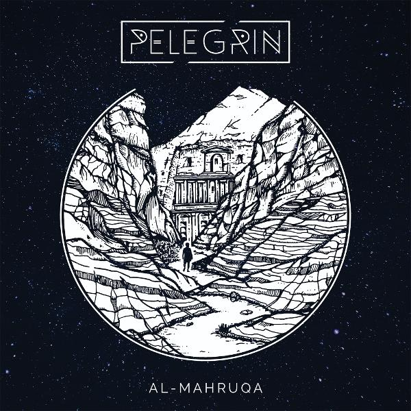 Strichzeichnung einer Landschaft mit einer Person, die auf ein Gebäude zugeht. Text: Pelegrin, Al-Mahruqa.