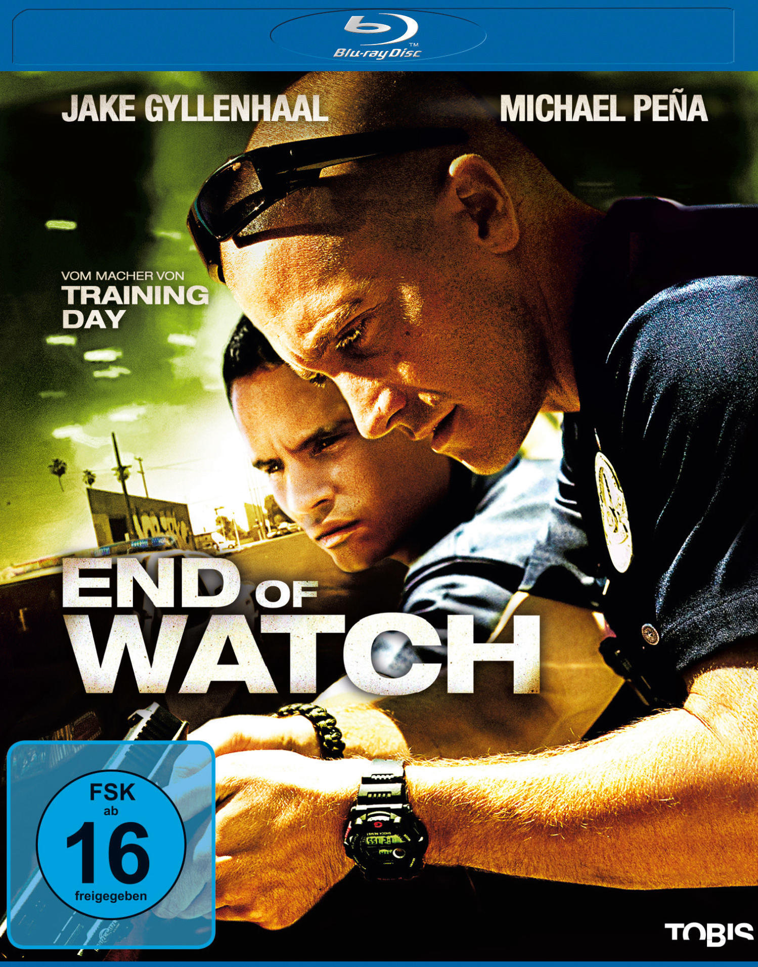 Filmplakat 'End of Watch' mit Jake Gyllenhaal und Michael Peña. Hat ein Polizistenthema.