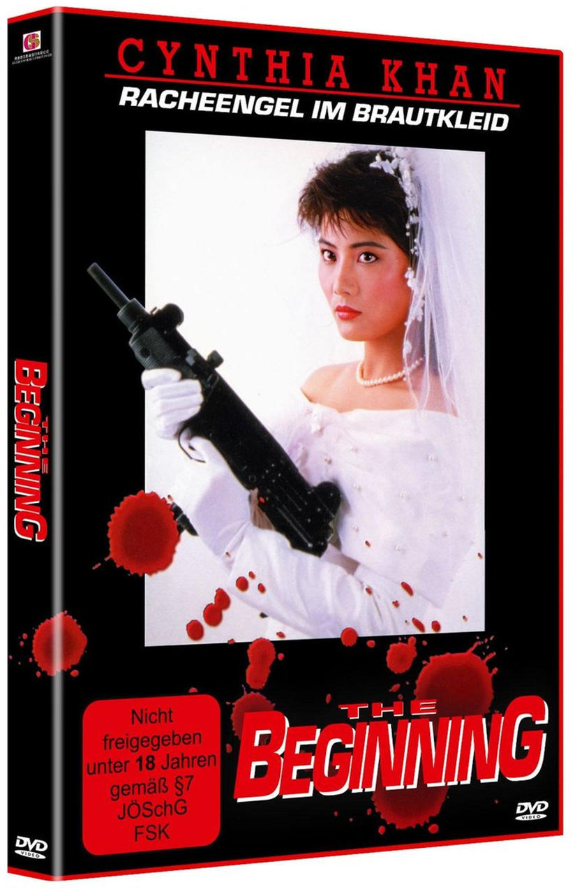 Filmcover mit einer Frau in einem Hochzeitskleid, die eine Waffe hält, mit Text und Blutspritzern.
