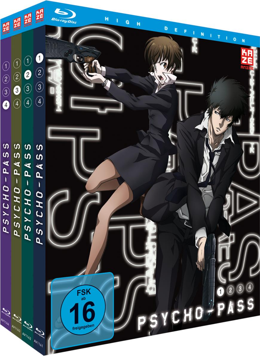 Anime-Box-Set. Psycho-Pass. Zeigt zwei Charaktere in dunklen Outfits mit Waffen.