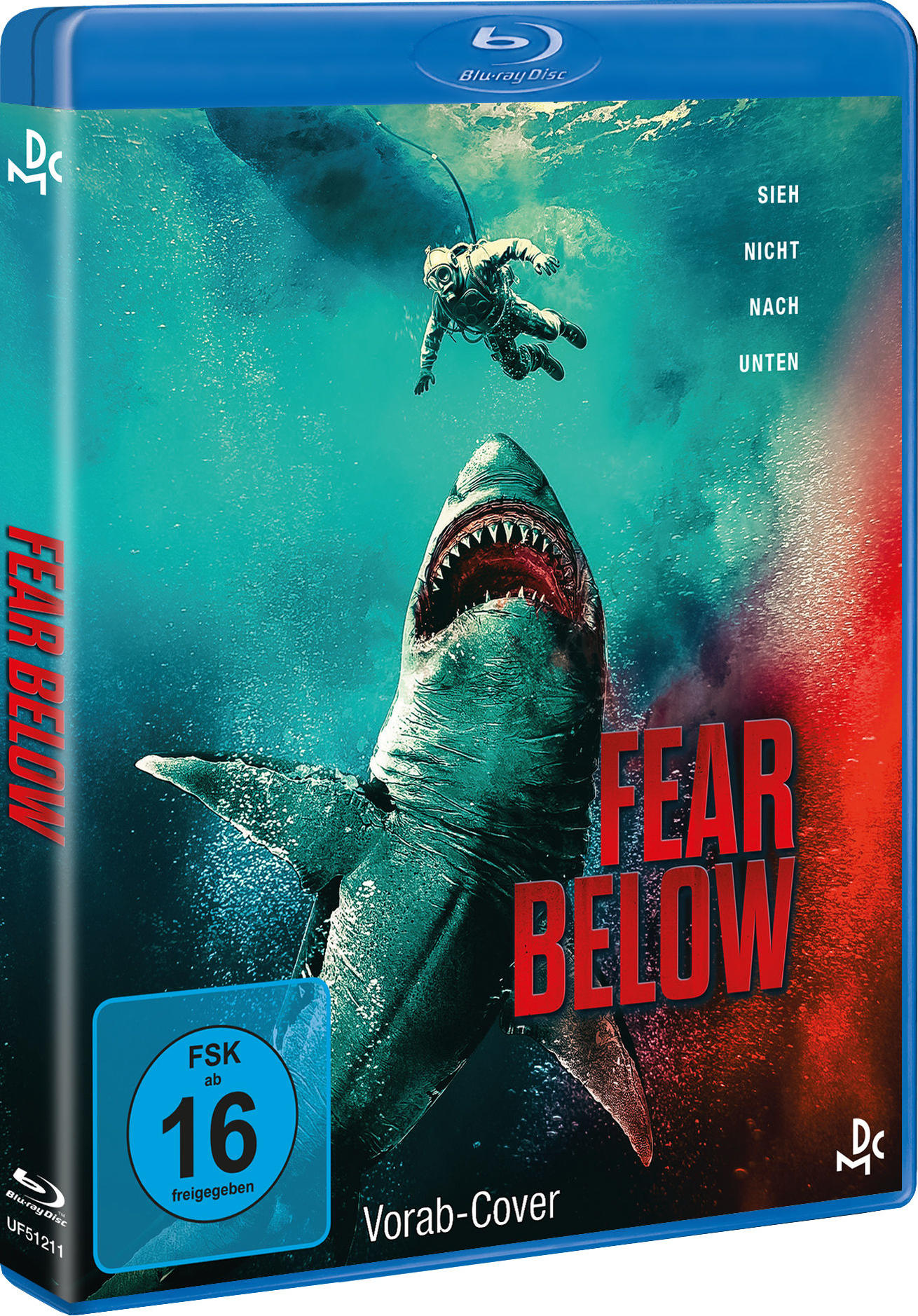 Blu-ray-Cover mit einem Hai und einem Taucher, Text auf Deutsch.