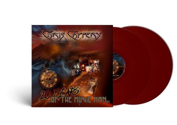 Albumcover und zwei rote Vinylplatten. Text: Chris Caffery, 20 Years.