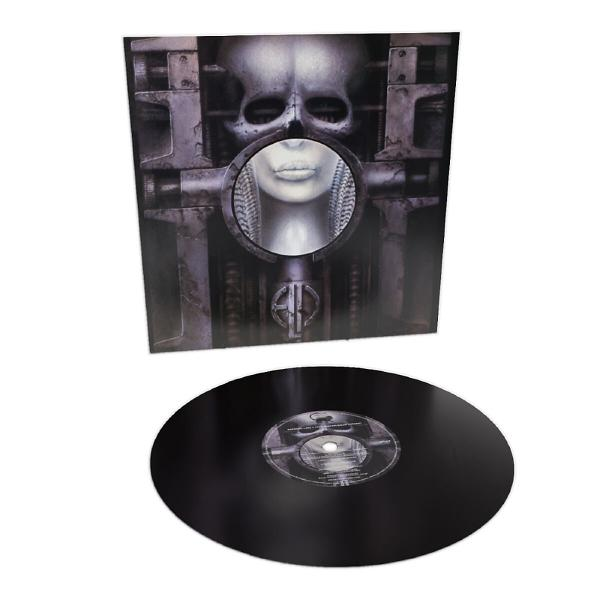 Albumcover: Schädelbild in Metallrahmen, darunter eine schwarze Schallplatte.