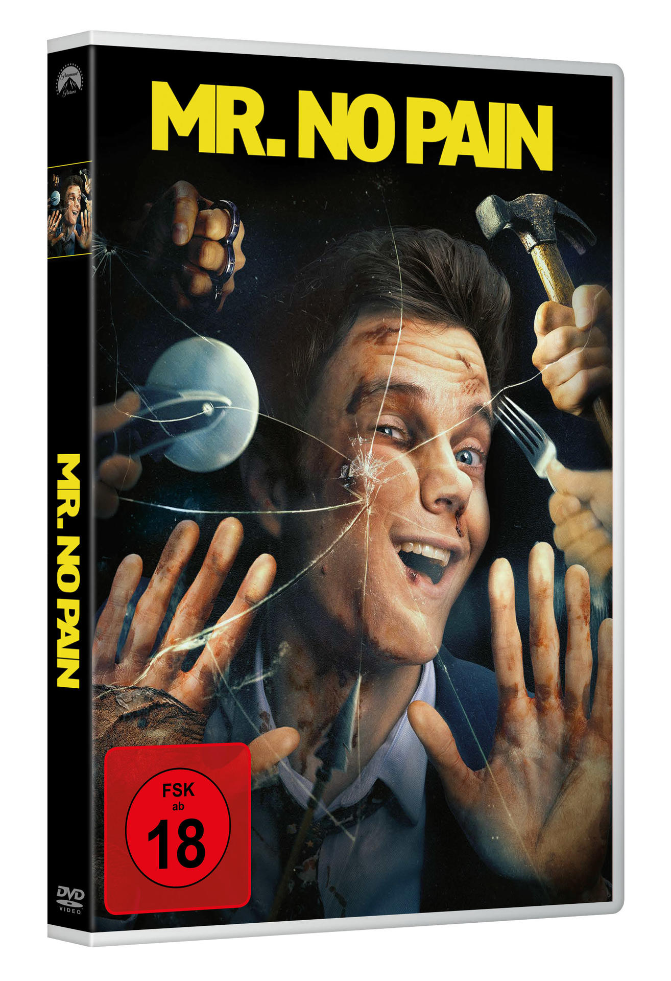 Filmplakat, Mann mit erhobenen Händen, umgeben von Küchenwerkzeugen.