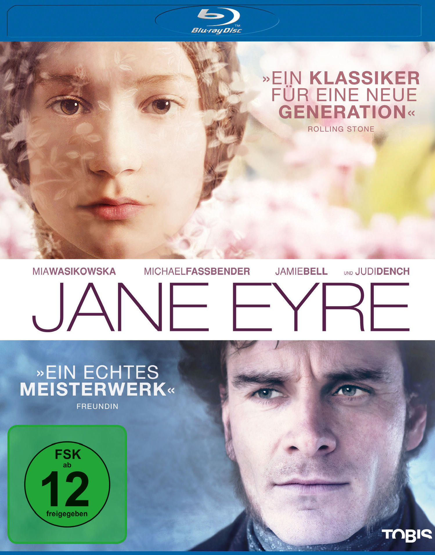 Filmposter mit Mia Wasikowska und Michael Fassbender. Text 'Jane Eyre' und Zitate von Kritikern.