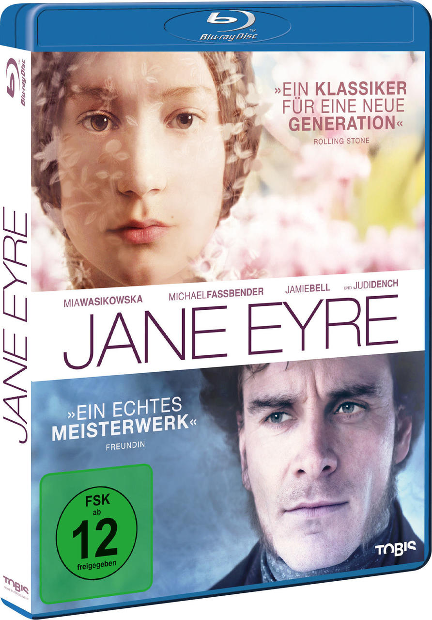 Filmplakat für 'Jane Eyre' mit zwei Gesichtern und Text auf Deutsch. Hat einen blauen Umschlag.