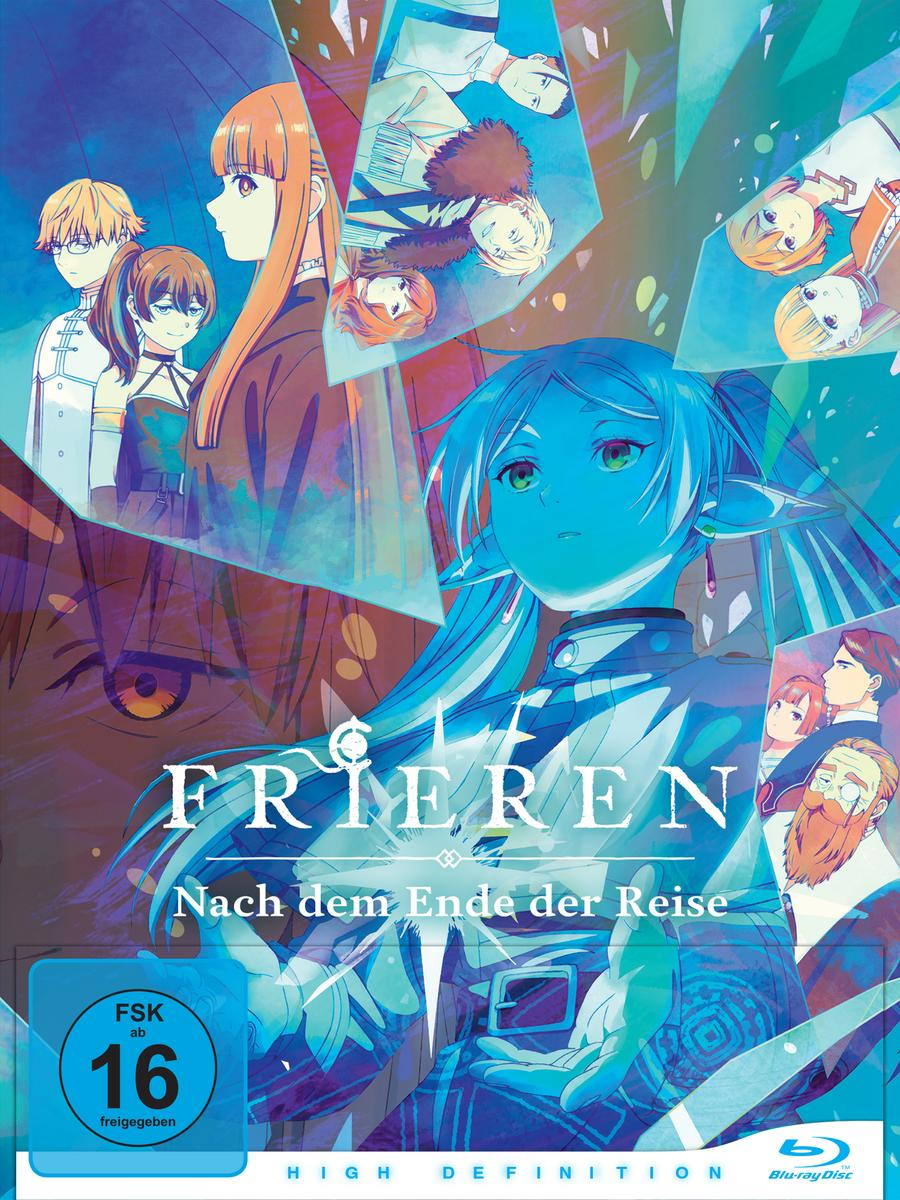Anime-DVD-Cover: Charaktere, Titel und Text auf Deutsch. Blaues und weißes Farbschema.
